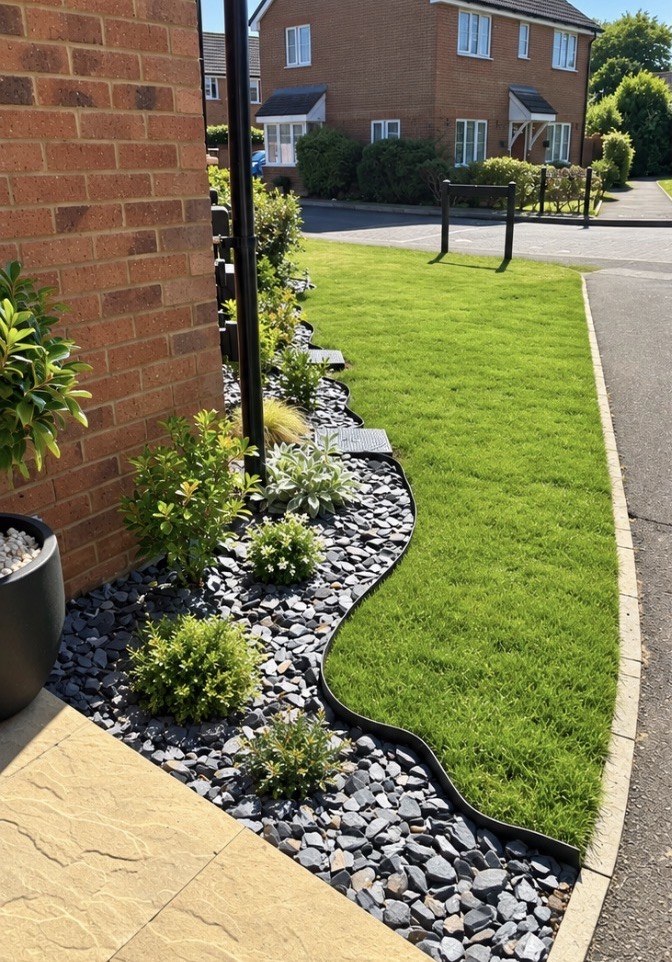 Slate and gravel borders with steel edging