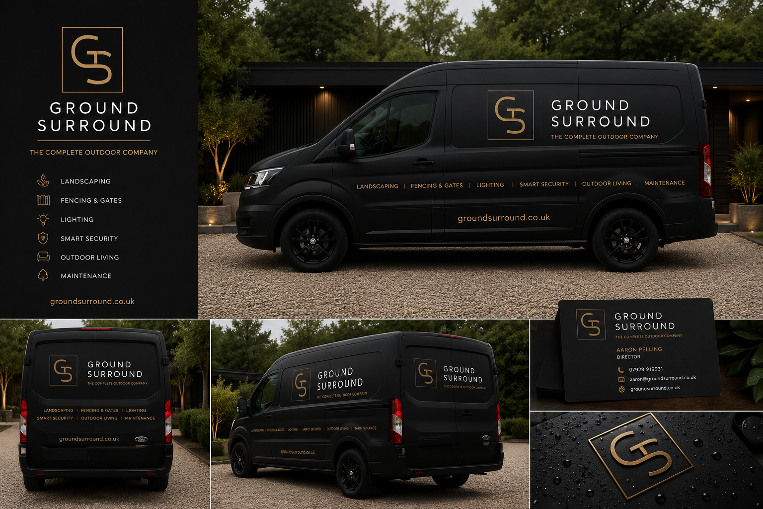 Black Ground Surround van with gold branding parked outside a modern home at dusk