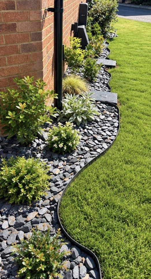Slate chippings and planting, edged to the lawn
