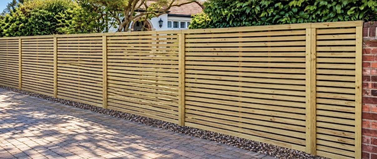 Horizontal slatted fence run in golden light