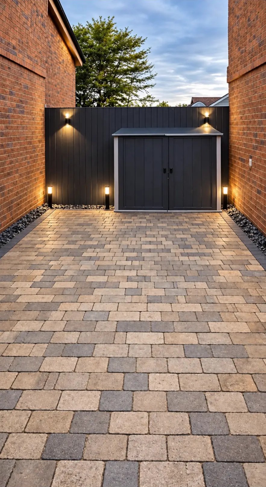 Block-paved driveway with lighting
