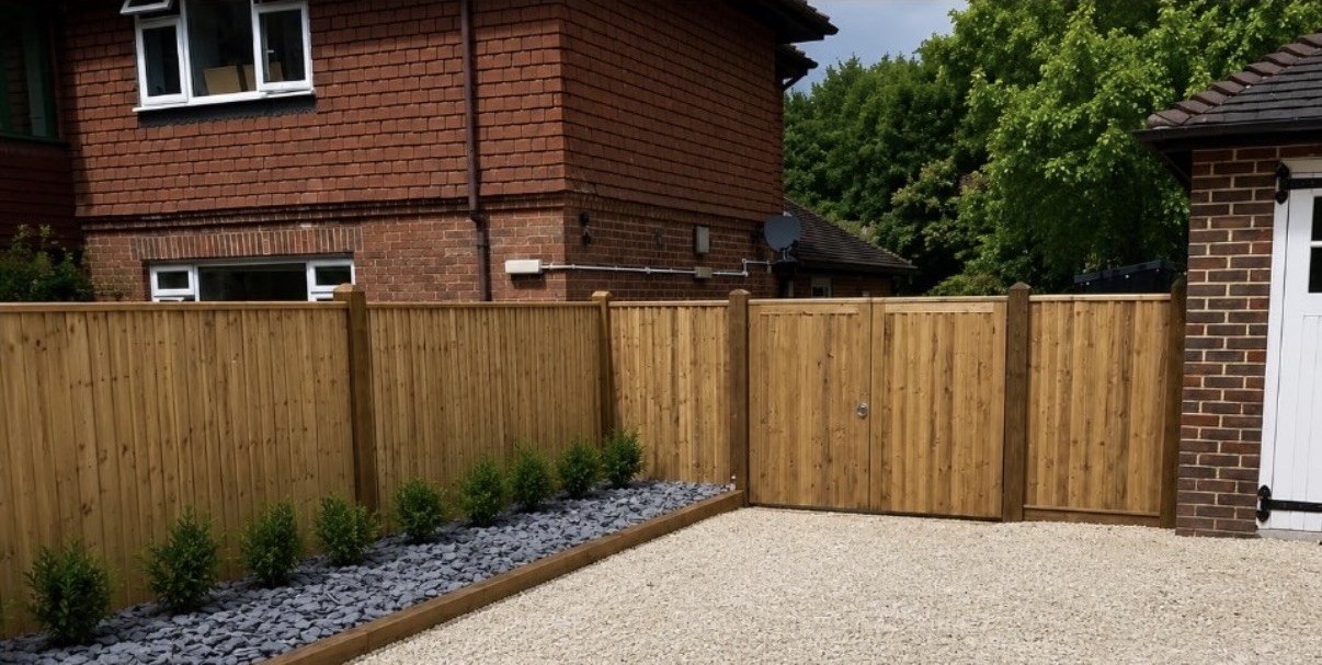 Gravel driveway boundary with matching timber gate