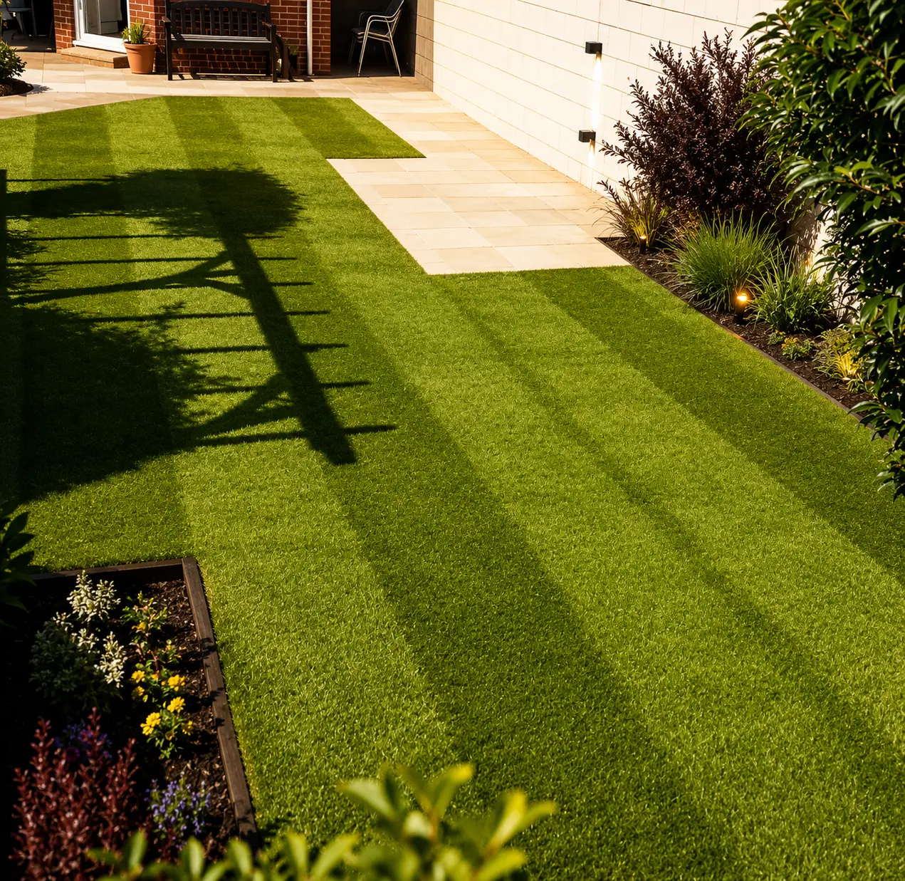 Freshly striped lawn with paved edging