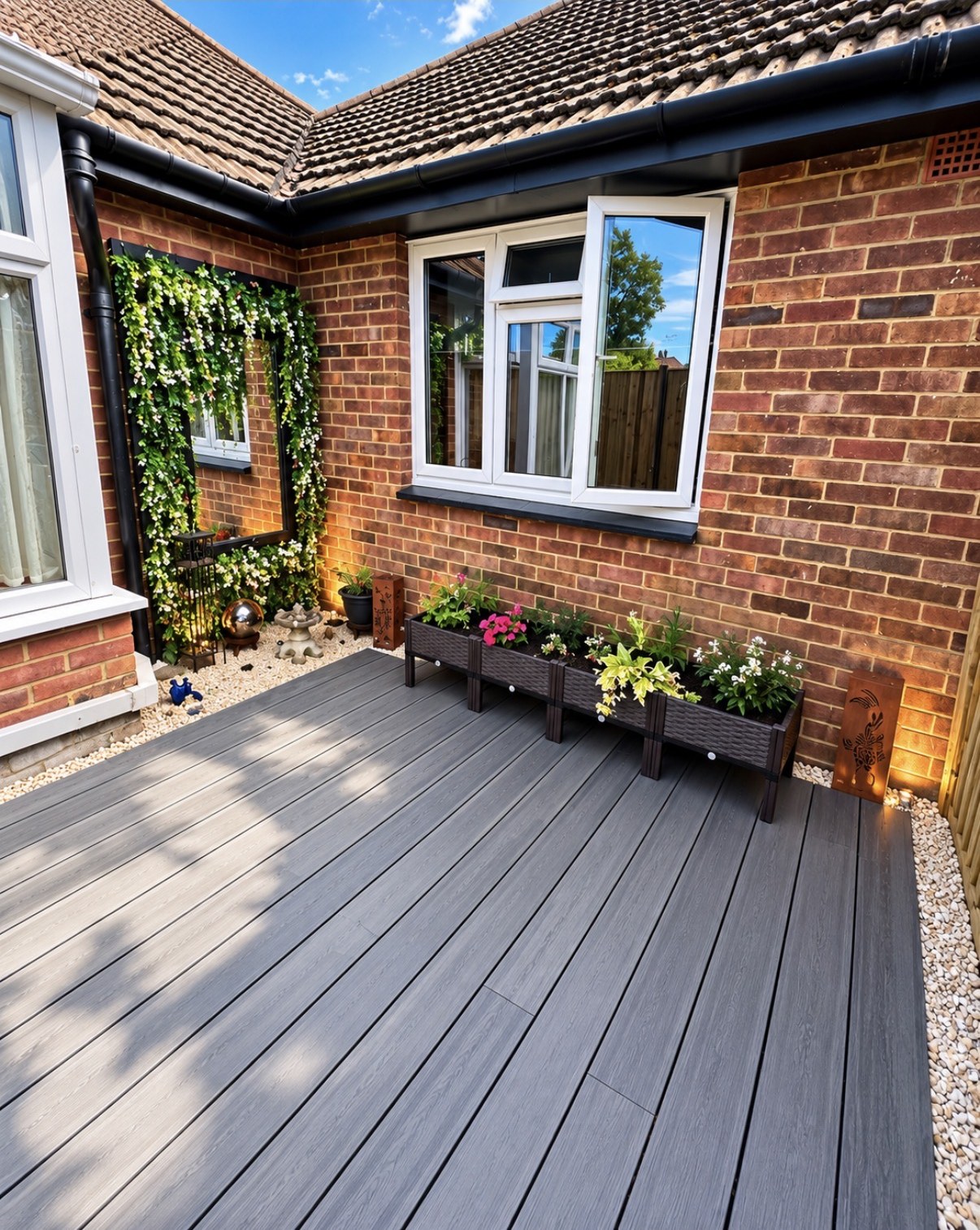 Grey composite decking with planter lighting
