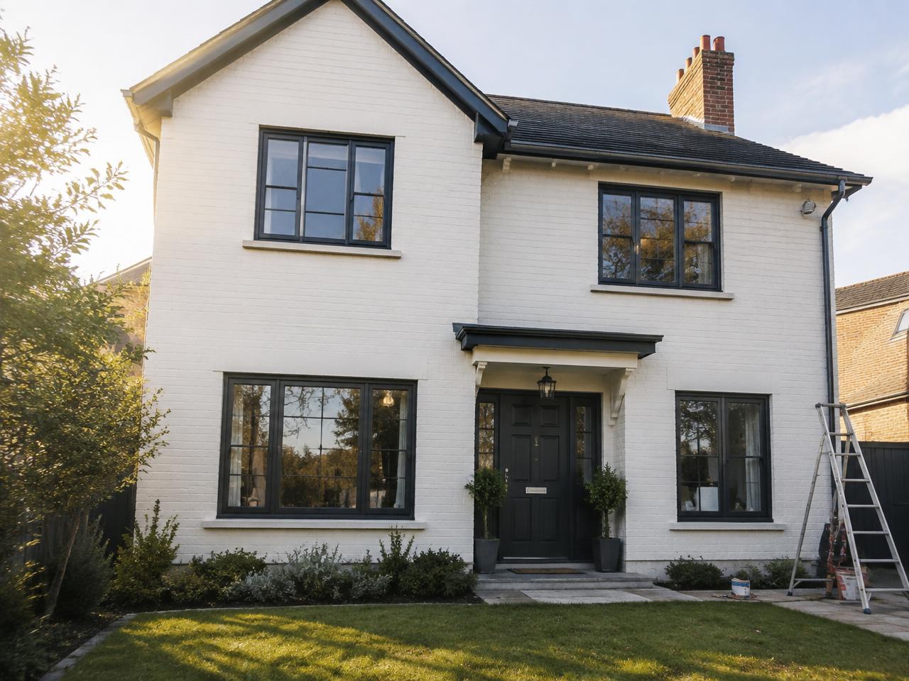 Freshly painted off-white house with charcoal windows and front door