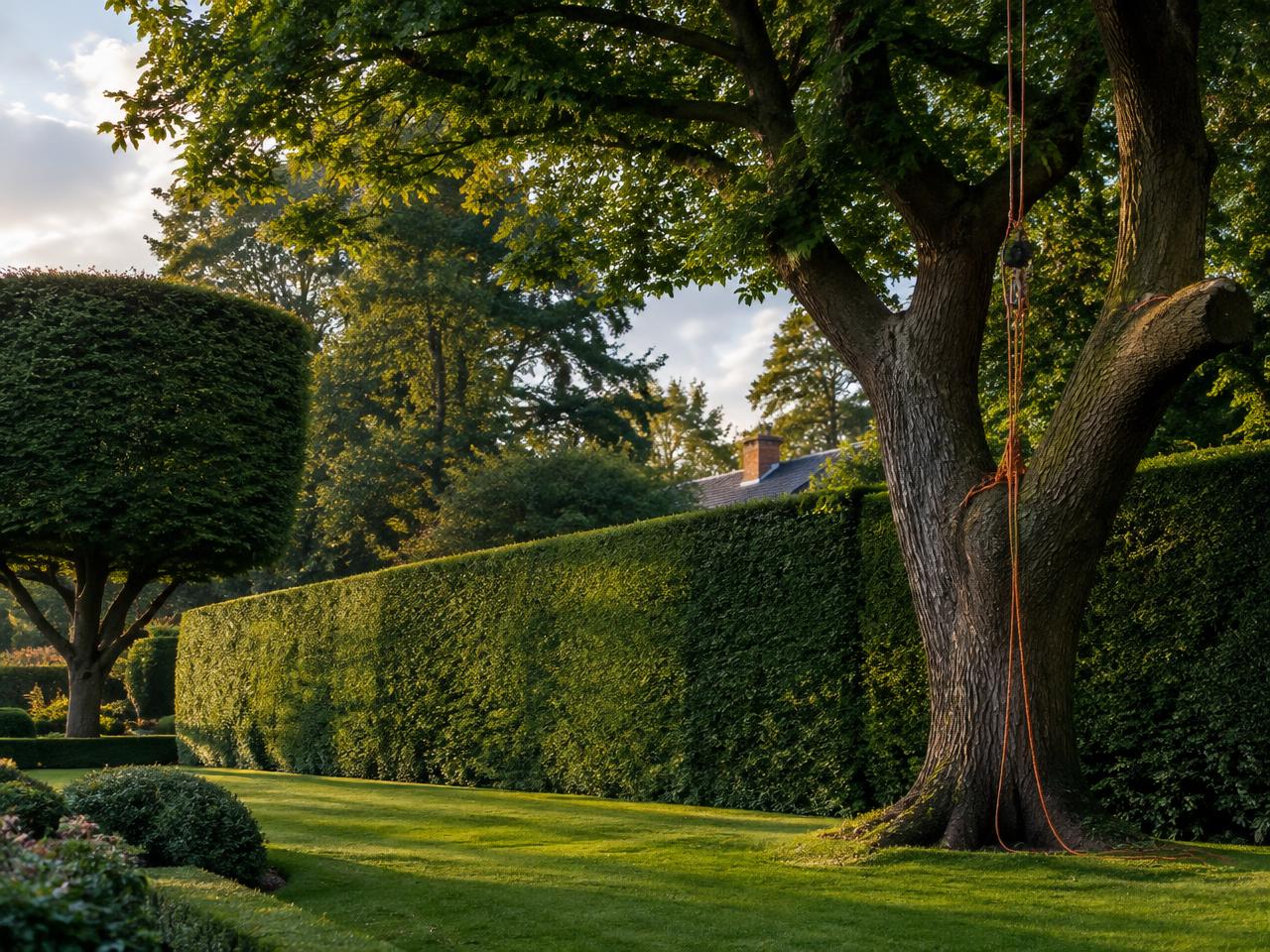 Neatly trimmed tall hedge and a mature tree in an English garden