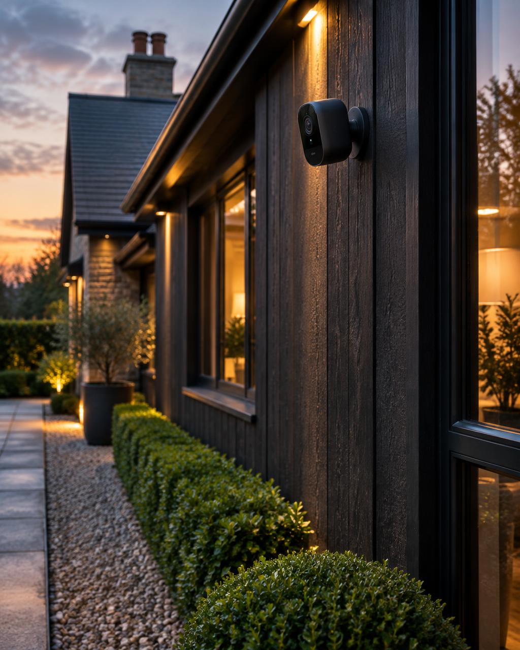 Modern smart security camera on a dark timber-clad home at dusk